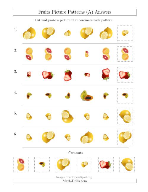 The Fruits Picture Patterns with Size and Rotation Attributes (All) Math Worksheet Page 2