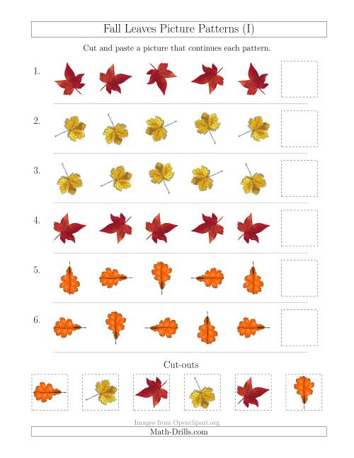 The Fall Leaves Picture Patterns with Rotation Attribute Only (I) Math Worksheet