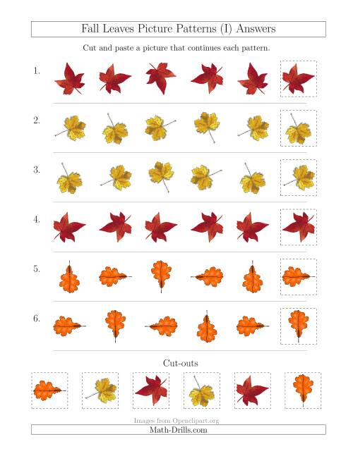 The Fall Leaves Picture Patterns with Rotation Attribute Only (I) Math Worksheet Page 2