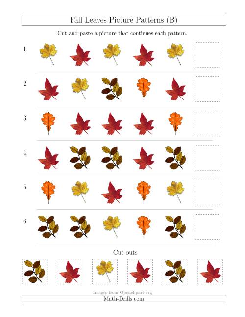 The Fall Leaves Picture Patterns with Shape Attribute Only (B) Math Worksheet