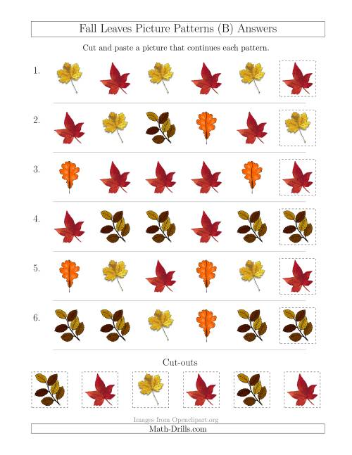The Fall Leaves Picture Patterns with Shape Attribute Only (B) Math Worksheet Page 2