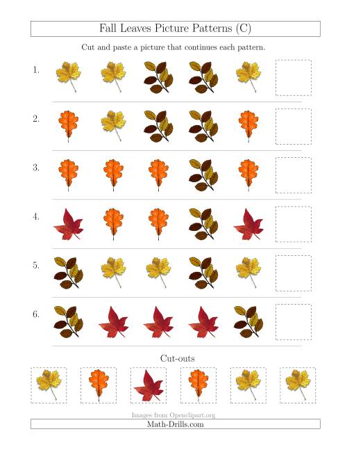The Fall Leaves Picture Patterns with Shape Attribute Only (C) Math Worksheet