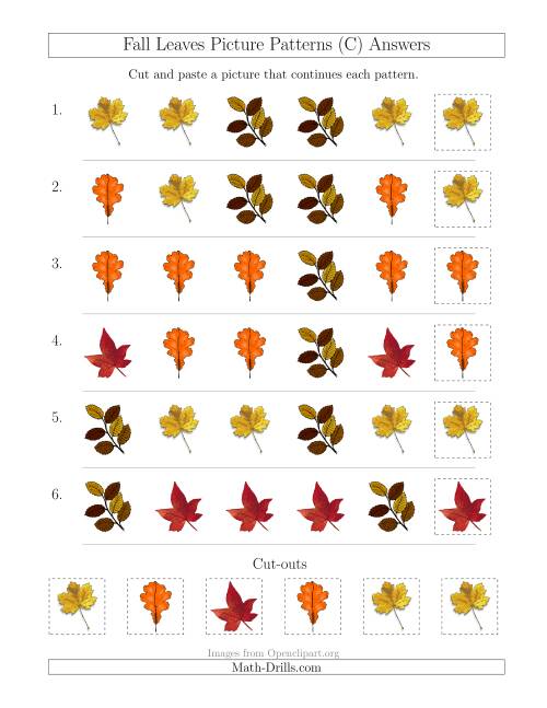 The Fall Leaves Picture Patterns with Shape Attribute Only (C) Math Worksheet Page 2