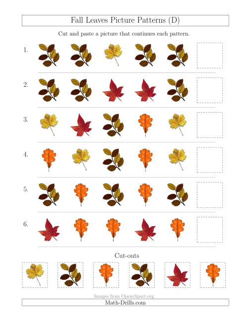 The Fall Leaves Picture Patterns with Shape Attribute Only (D) Math Worksheet