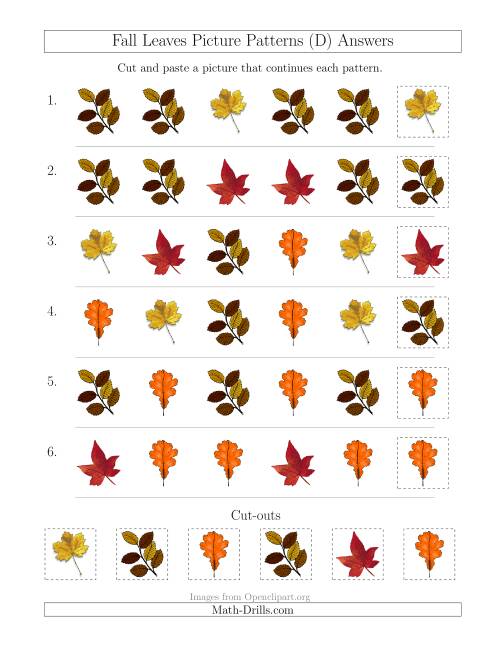 The Fall Leaves Picture Patterns with Shape Attribute Only (D) Math Worksheet Page 2