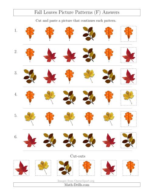 The Fall Leaves Picture Patterns with Shape Attribute Only (F) Math Worksheet Page 2