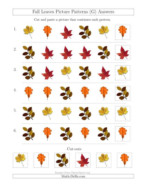 The Fall Leaves Picture Patterns with Shape Attribute Only (G) Math Worksheet Page 2