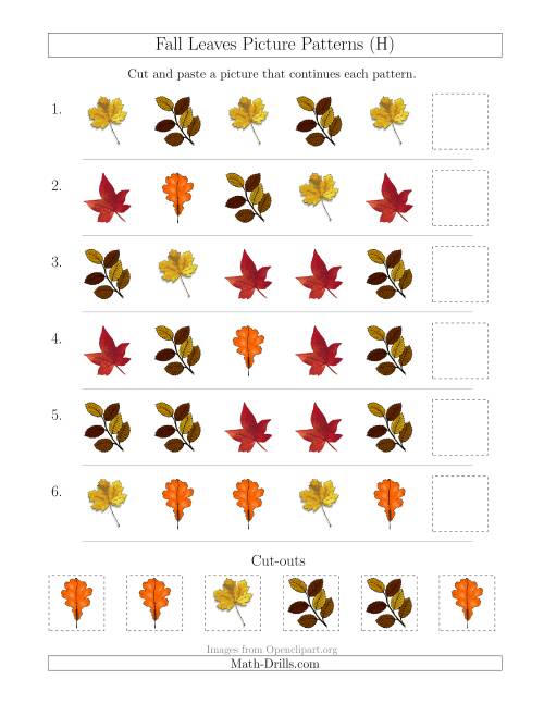 The Fall Leaves Picture Patterns with Shape Attribute Only (H) Math Worksheet