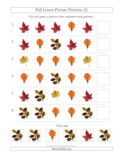 The Fall Leaves Picture Patterns with Shape Attribute Only (I) Math Worksheet