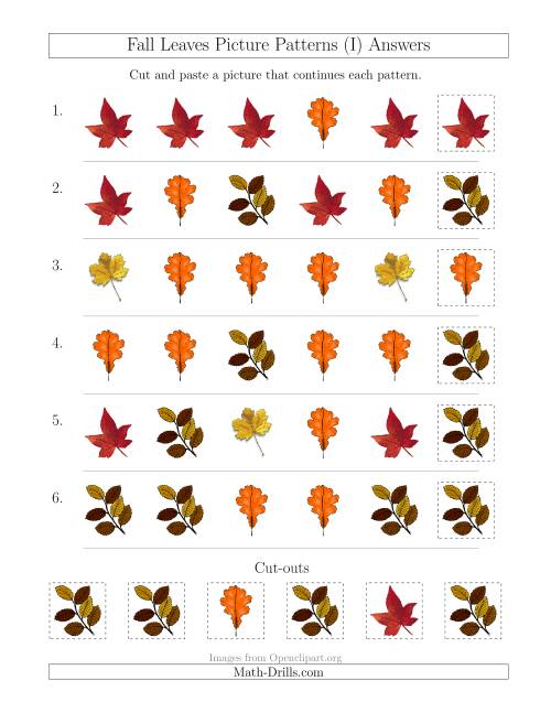 The Fall Leaves Picture Patterns with Shape Attribute Only (I) Math Worksheet Page 2