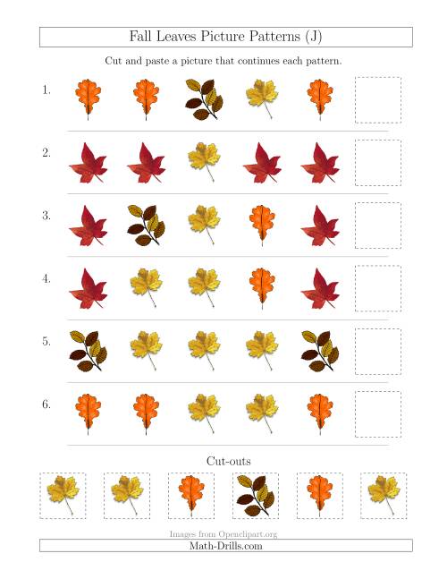 The Fall Leaves Picture Patterns with Shape Attribute Only (J) Math Worksheet