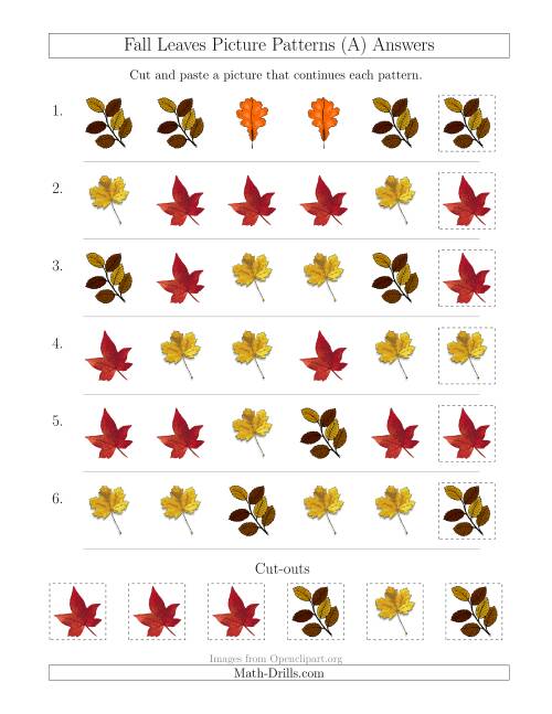 The Fall Leaves Picture Patterns with Shape Attribute Only (All) Math Worksheet Page 2