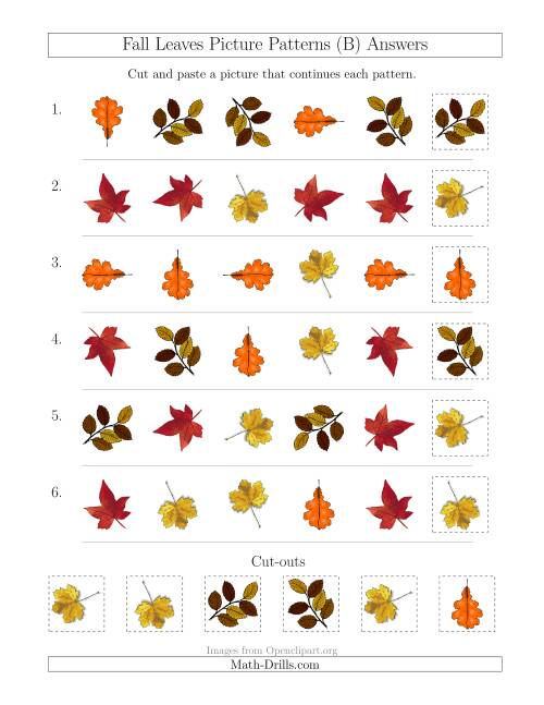 The Fall Leaves Picture Patterns with Shape and Rotation Attributes (B) Math Worksheet Page 2