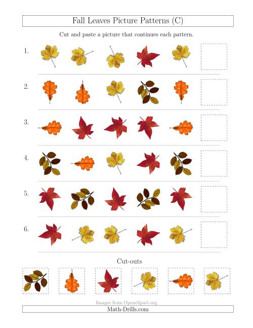 The Fall Leaves Picture Patterns with Shape and Rotation Attributes (C) Math Worksheet