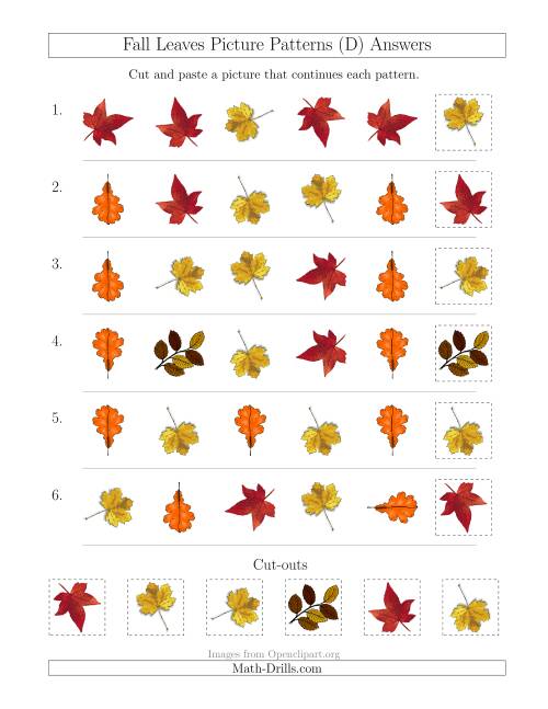 The Fall Leaves Picture Patterns with Shape and Rotation Attributes (D) Math Worksheet Page 2