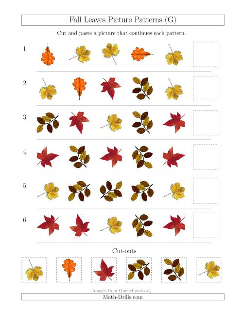 The Fall Leaves Picture Patterns with Shape and Rotation Attributes (G) Math Worksheet
