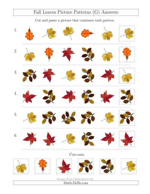 The Fall Leaves Picture Patterns with Shape and Rotation Attributes (G) Math Worksheet Page 2