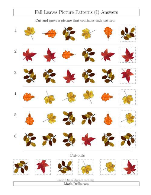 The Fall Leaves Picture Patterns with Shape and Rotation Attributes (I) Math Worksheet Page 2