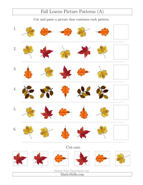 The Fall Leaves Picture Patterns with Shape and Rotation Attributes (All) Math Worksheet