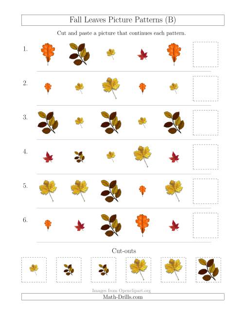 The Fall Leaves Picture Patterns with Shape and Size Attributes (B) Math Worksheet