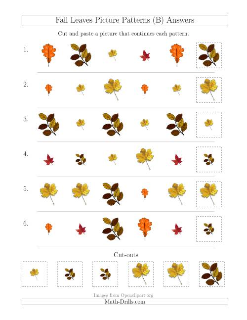 The Fall Leaves Picture Patterns with Shape and Size Attributes (B) Math Worksheet Page 2
