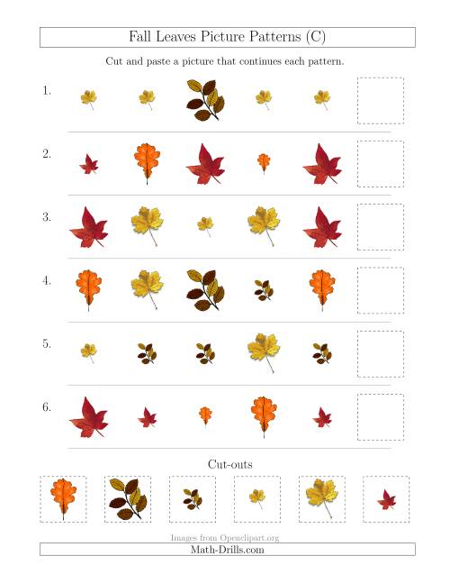 The Fall Leaves Picture Patterns with Shape and Size Attributes (C) Math Worksheet