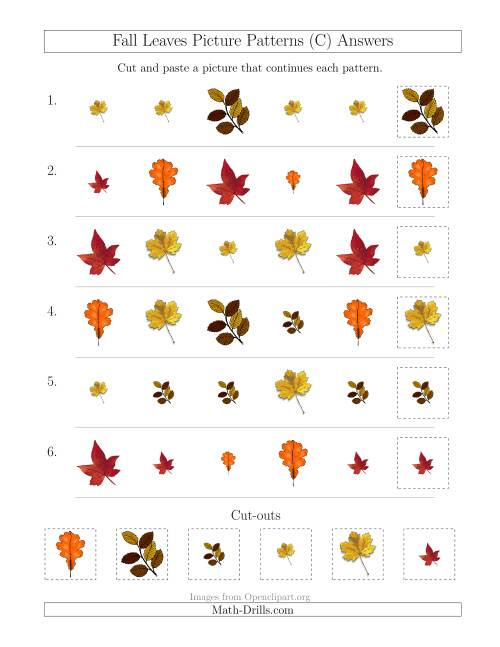 The Fall Leaves Picture Patterns with Shape and Size Attributes (C) Math Worksheet Page 2