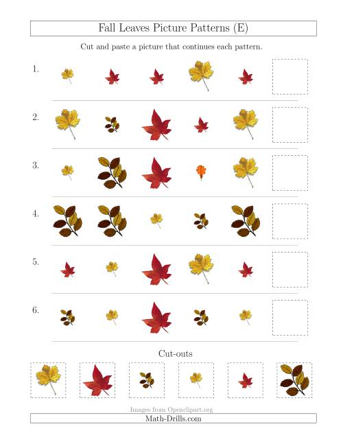 The Fall Leaves Picture Patterns with Shape and Size Attributes (E) Math Worksheet