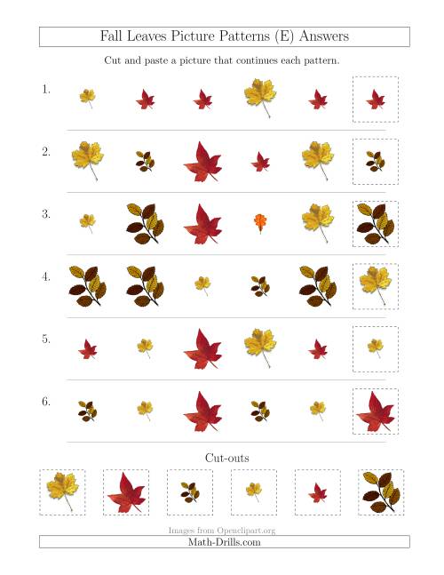 The Fall Leaves Picture Patterns with Shape and Size Attributes (E) Math Worksheet Page 2