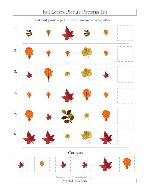 The Fall Leaves Picture Patterns with Shape and Size Attributes (F) Math Worksheet