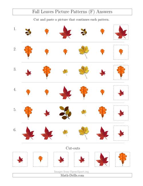 The Fall Leaves Picture Patterns with Shape and Size Attributes (F) Math Worksheet Page 2