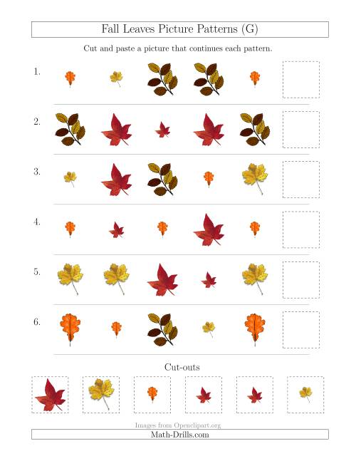 The Fall Leaves Picture Patterns with Shape and Size Attributes (G) Math Worksheet