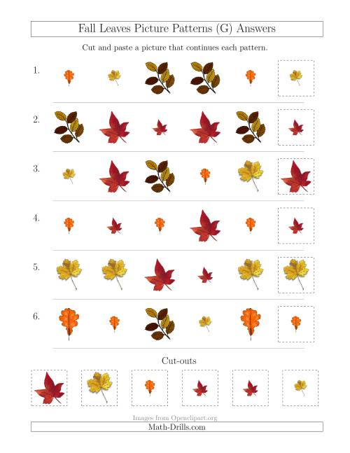 The Fall Leaves Picture Patterns with Shape and Size Attributes (G) Math Worksheet Page 2