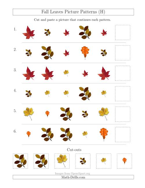 The Fall Leaves Picture Patterns with Shape and Size Attributes (H) Math Worksheet