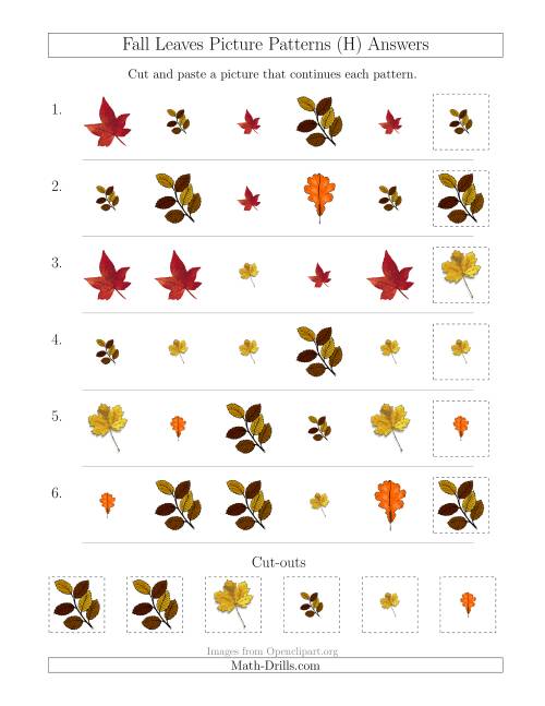 The Fall Leaves Picture Patterns with Shape and Size Attributes (H) Math Worksheet Page 2