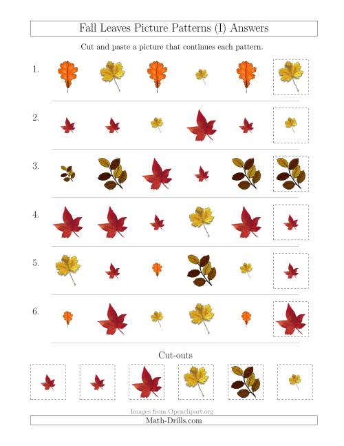 The Fall Leaves Picture Patterns with Shape and Size Attributes (I) Math Worksheet Page 2