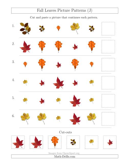 The Fall Leaves Picture Patterns with Shape and Size Attributes (J) Math Worksheet