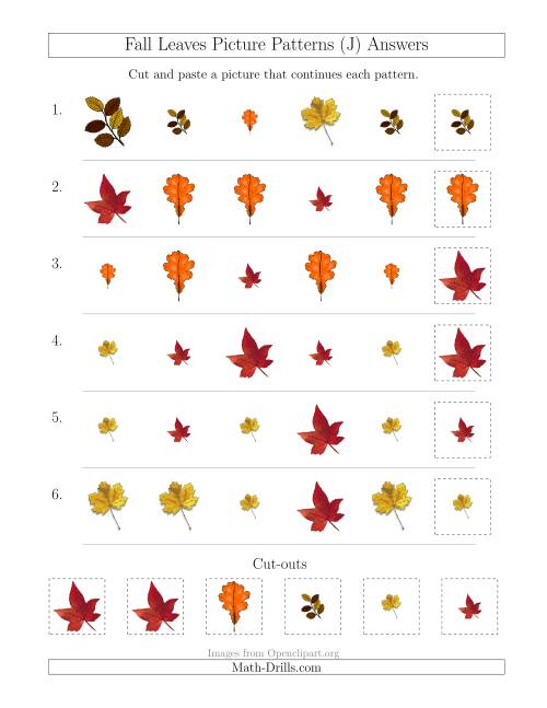 The Fall Leaves Picture Patterns with Shape and Size Attributes (J) Math Worksheet Page 2