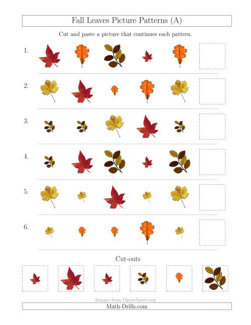 The Fall Leaves Picture Patterns with Shape and Size Attributes (All) Math Worksheet