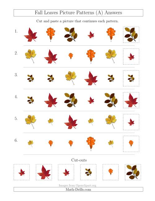 The Fall Leaves Picture Patterns with Shape and Size Attributes (All) Math Worksheet Page 2