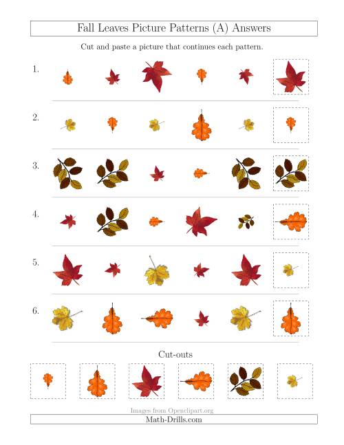 The Fall Leaves Picture Patterns with Shape, Size and Rotation Attributes (A) Math Worksheet Page 2