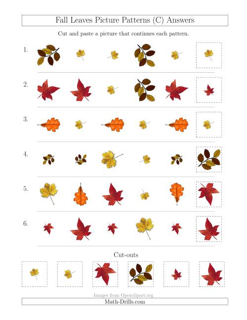 The Fall Leaves Picture Patterns with Shape, Size and Rotation Attributes (C) Math Worksheet Page 2