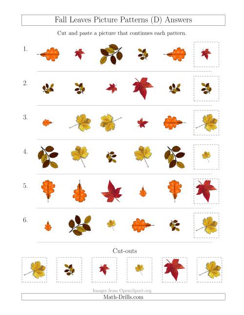 The Fall Leaves Picture Patterns with Shape, Size and Rotation Attributes (D) Math Worksheet Page 2