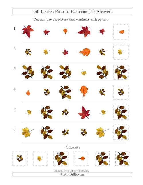 The Fall Leaves Picture Patterns with Shape, Size and Rotation Attributes (E) Math Worksheet Page 2
