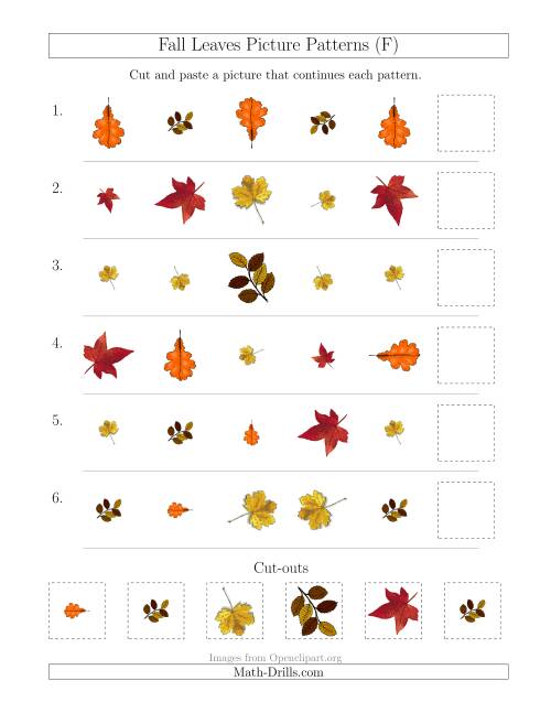 The Fall Leaves Picture Patterns with Shape, Size and Rotation Attributes (F) Math Worksheet