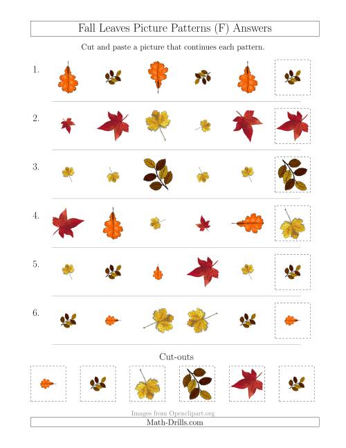 The Fall Leaves Picture Patterns with Shape, Size and Rotation Attributes (F) Math Worksheet Page 2