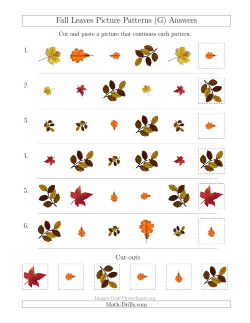 The Fall Leaves Picture Patterns with Shape, Size and Rotation Attributes (G) Math Worksheet Page 2