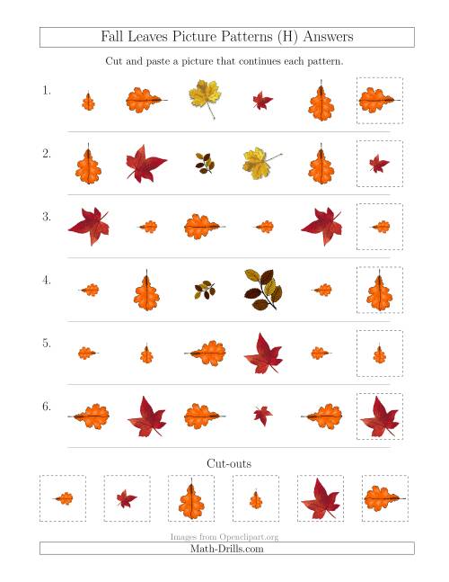 The Fall Leaves Picture Patterns with Shape, Size and Rotation Attributes (H) Math Worksheet Page 2