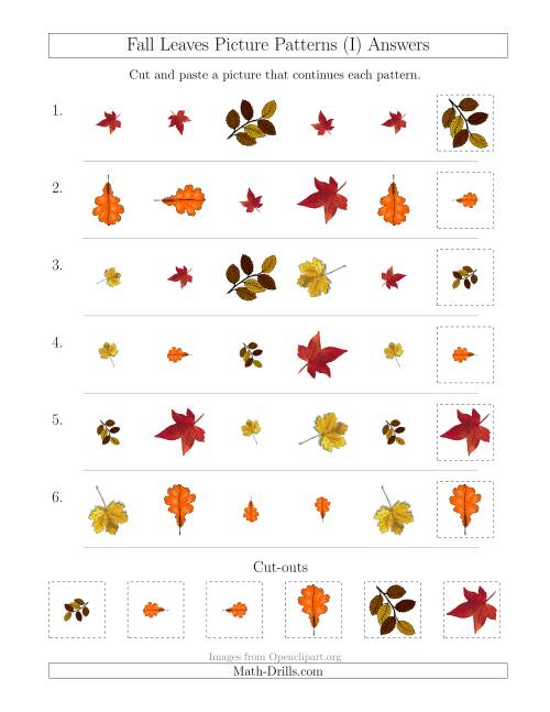The Fall Leaves Picture Patterns with Shape, Size and Rotation Attributes (I) Math Worksheet Page 2