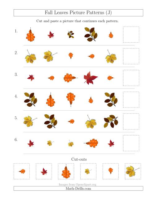 The Fall Leaves Picture Patterns with Shape, Size and Rotation Attributes (J) Math Worksheet